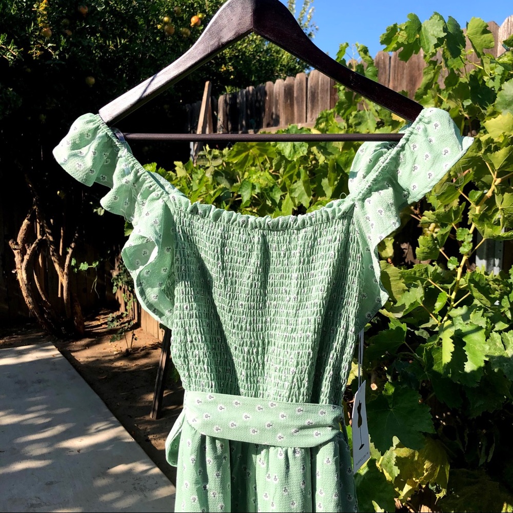 Purple Snow matcha, shirred, ruffle-strap jumpsuit
